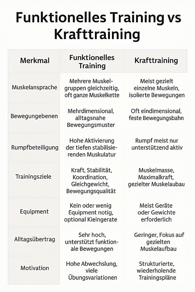 ergleichstabelle: Funktionelles Training vs Krafttraining mit Unterschieden bei Muskelansprache, Bewegungsebenen, Rumpfbeteiligung, Trainingszielen, Equipment, Alltagsübertrag und Motivation.